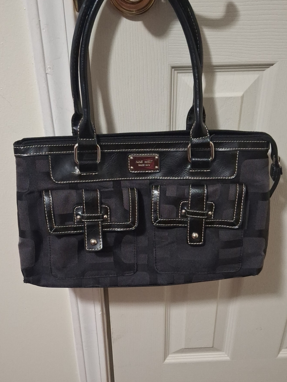 Nine West Black Geometric Shoulder Tote with Front Pockets